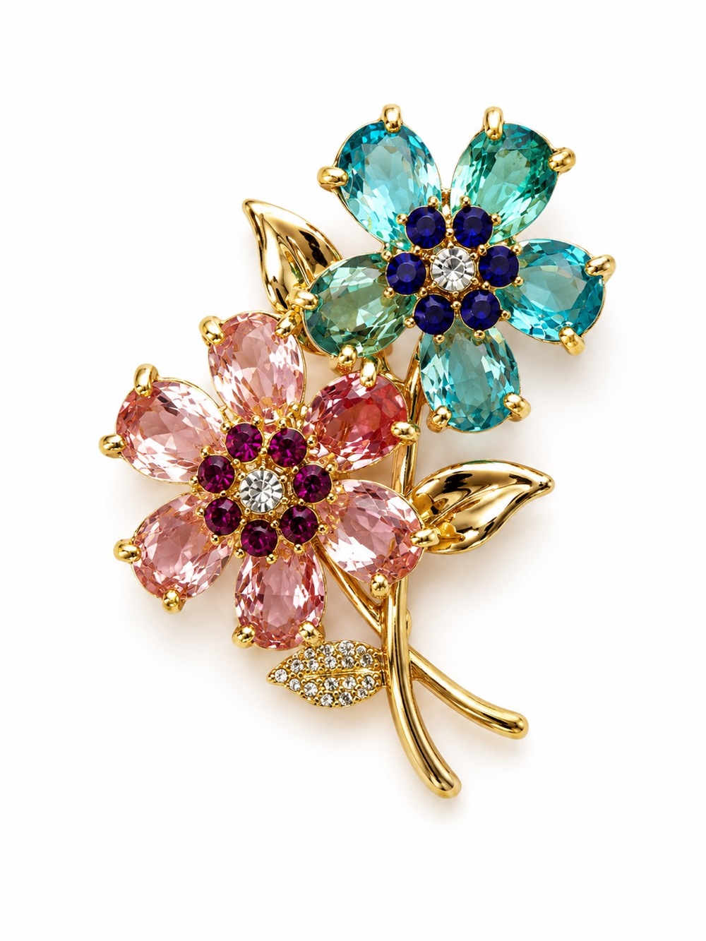 Floral Crystal Brooch in Pink and Teal